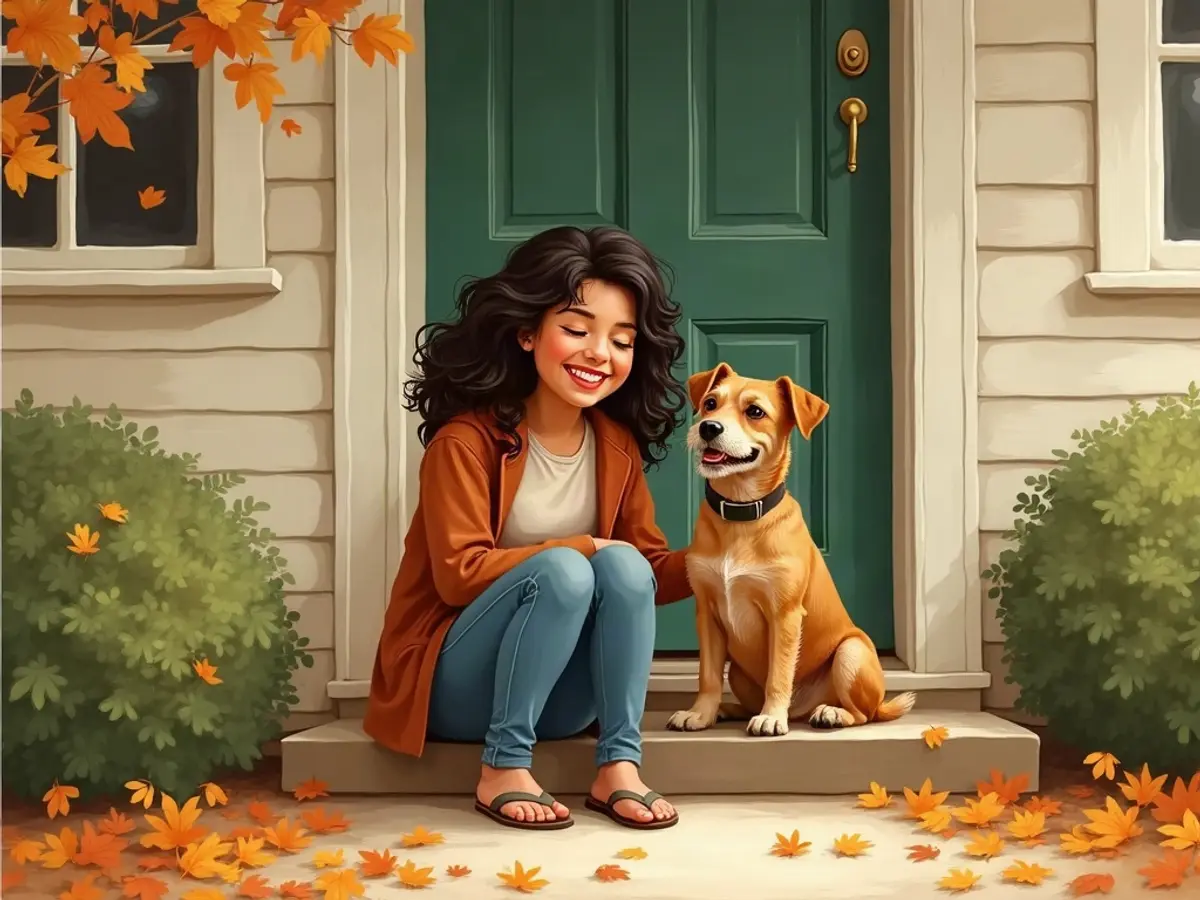 Example storybook illustration of a woman laughing on a porch with her scruffy terrier