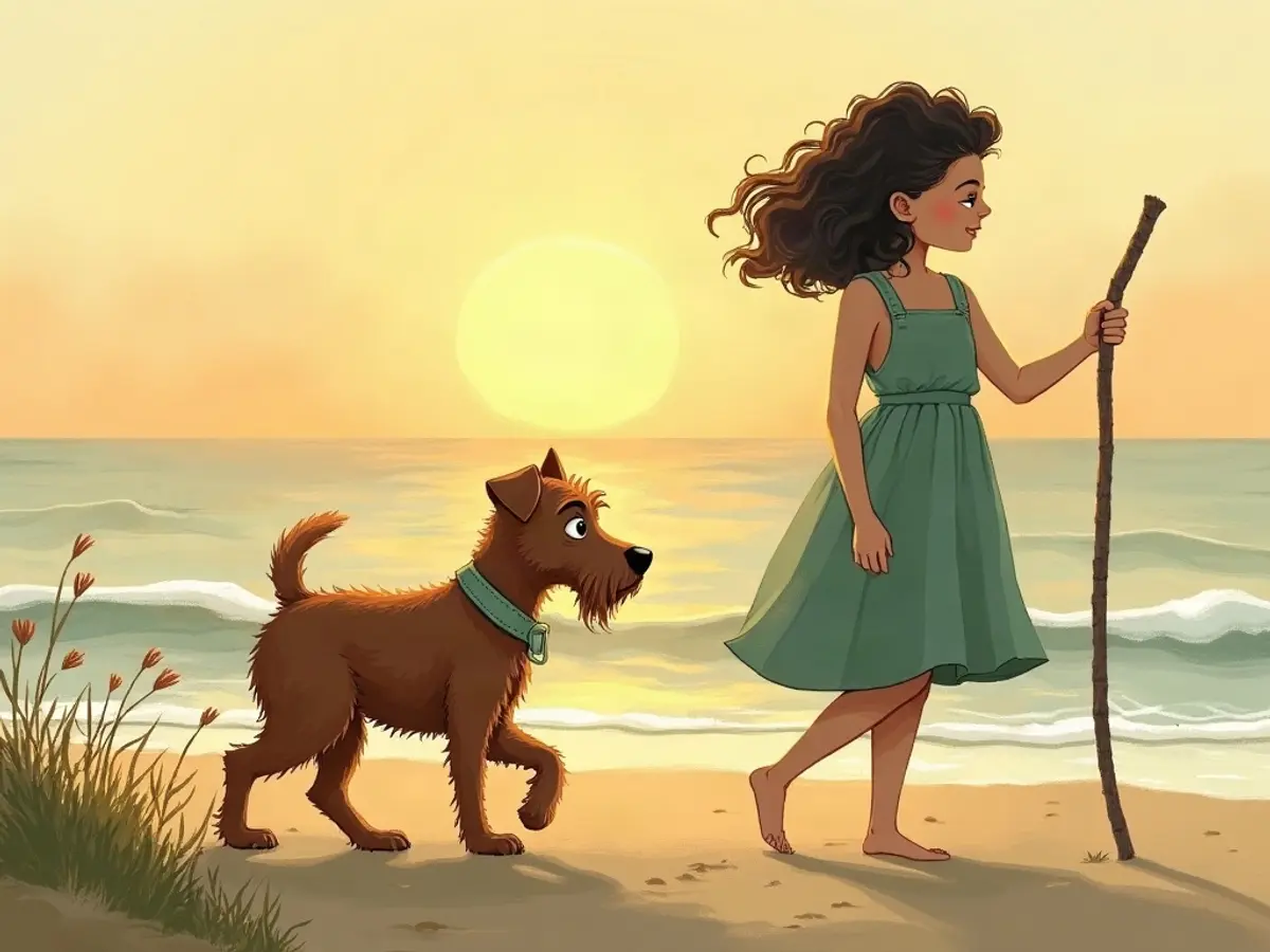 Example spread illustration: a terrier and a woman walking on a beach at sunset, the dog carrying a stick
