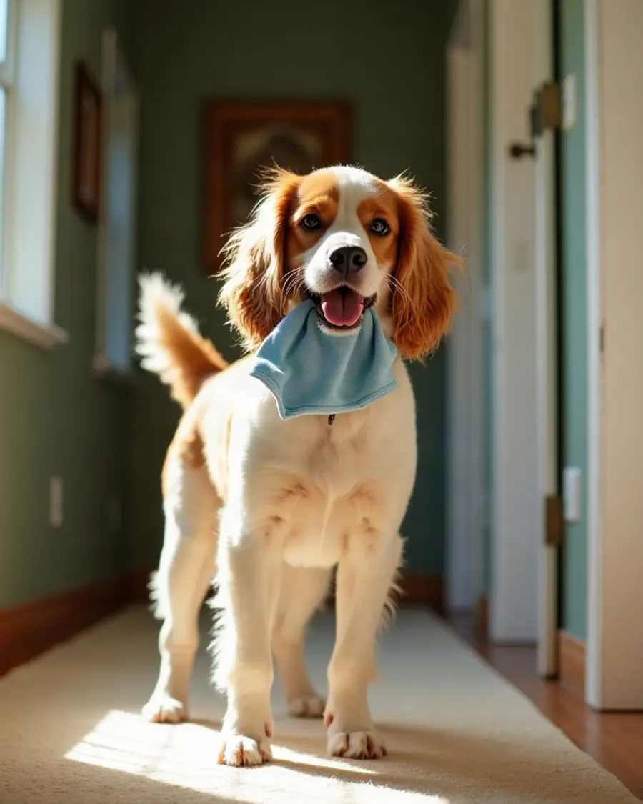 Example dog Charlie, a fluffy golden and white spaniel mix carrying a light blue sock