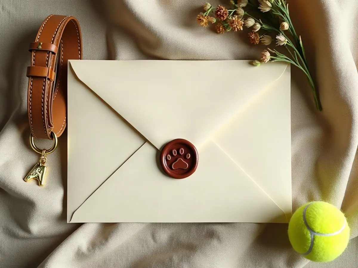 A cream envelope sealed with a paw print wax seal beside a dog collar and tennis ball