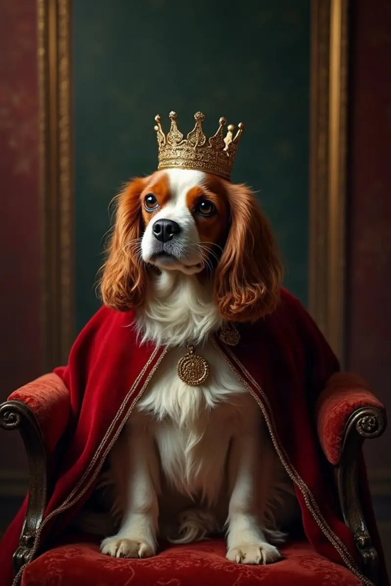 Example poster art of a spaniel wearing a crown and velvet cape