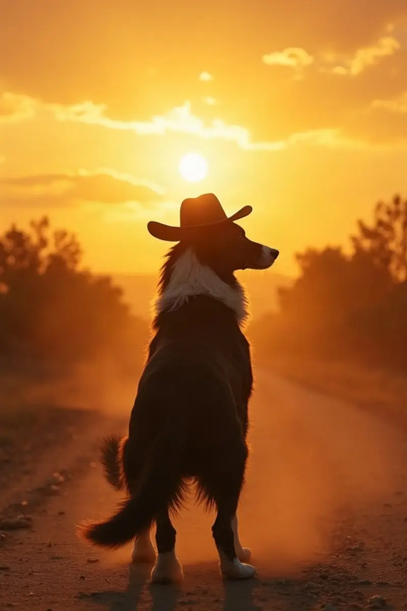 Example poster art of a border collie in a cowboy hat at sunset